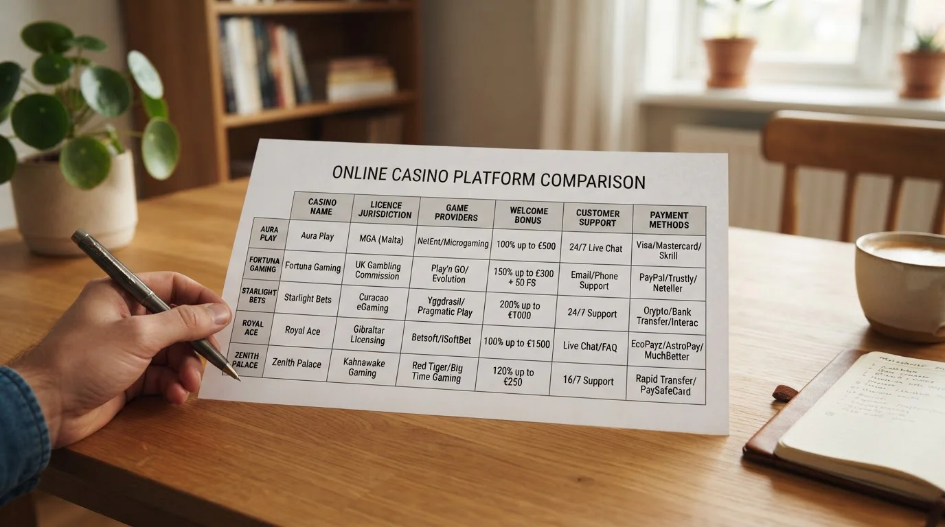 Comparison chart showing five offshore casino logos with licence badges and feature highlights