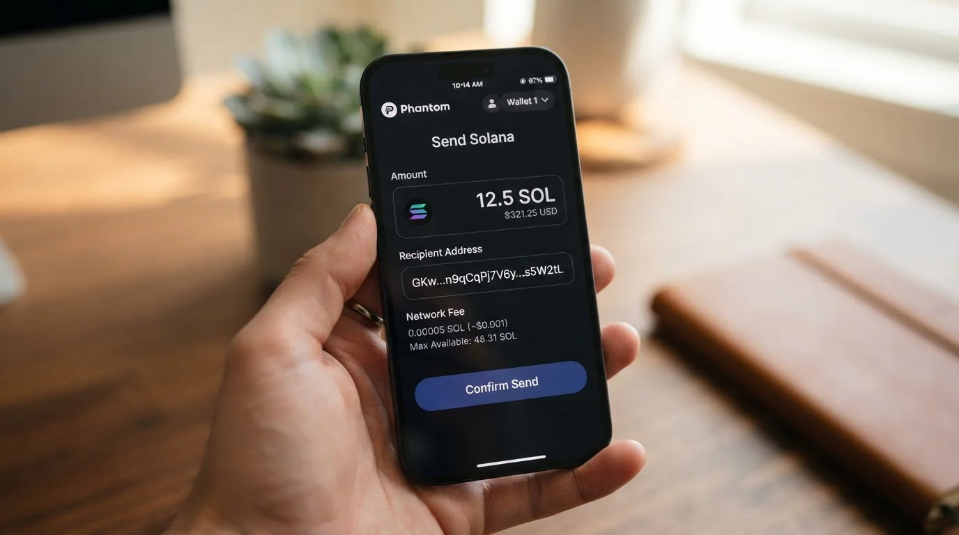 Phantom wallet interface showing SOL send transaction with casino deposit address