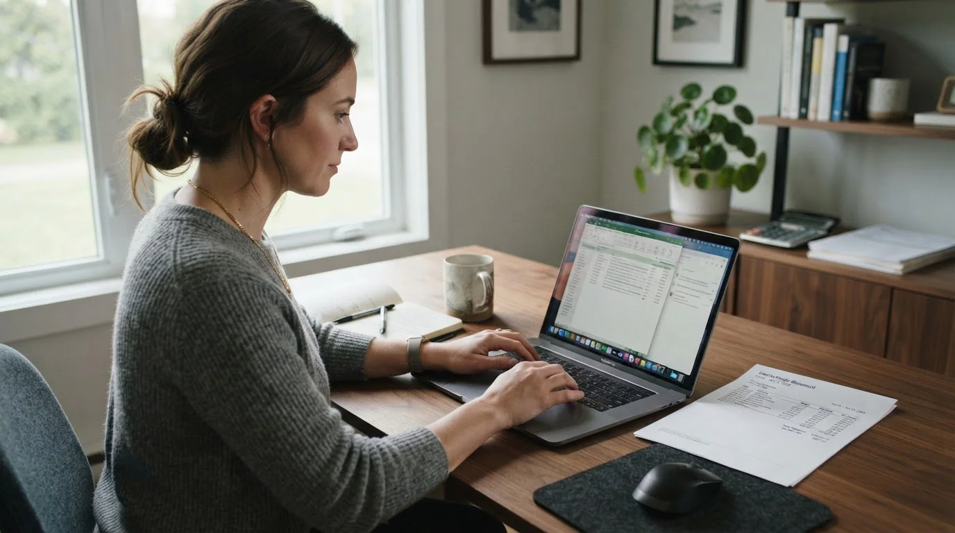 Person at laptop reviewing printed casino statement with calculator nearby