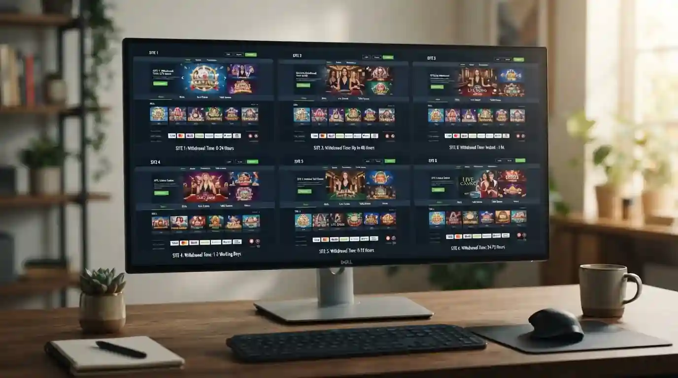 Six casino logos side by side with their withdrawal speeds listed beneath