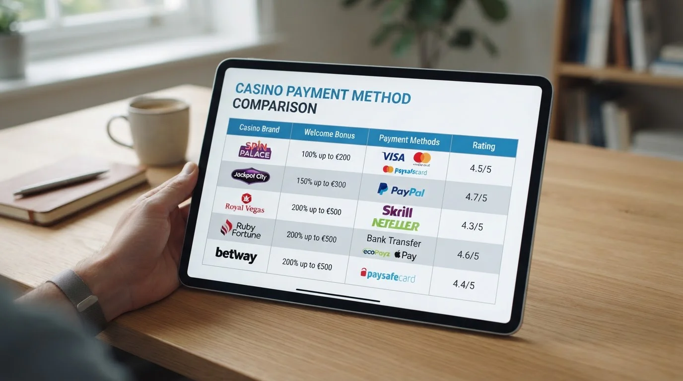 Comparison display of five UKGC licensed casino logos with payment method icons