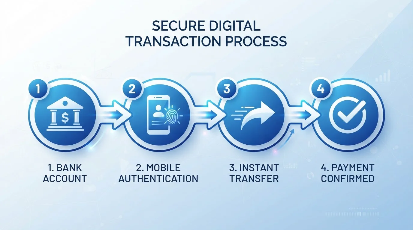 Step-by-step flow diagram showing Trustly deposit process from bank selection to instant confirmation