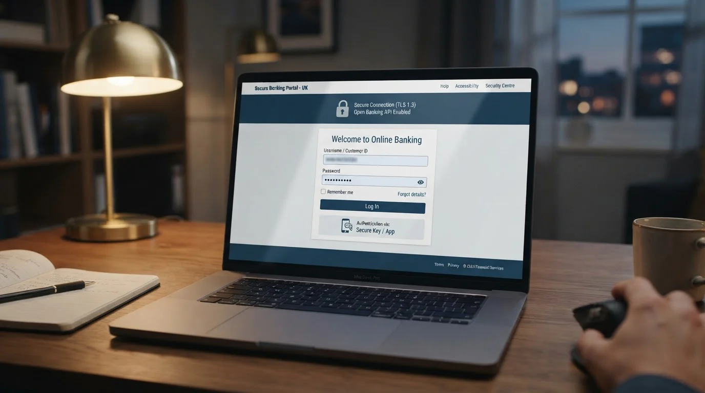 Laptop screen showing bank login interface for open banking payment