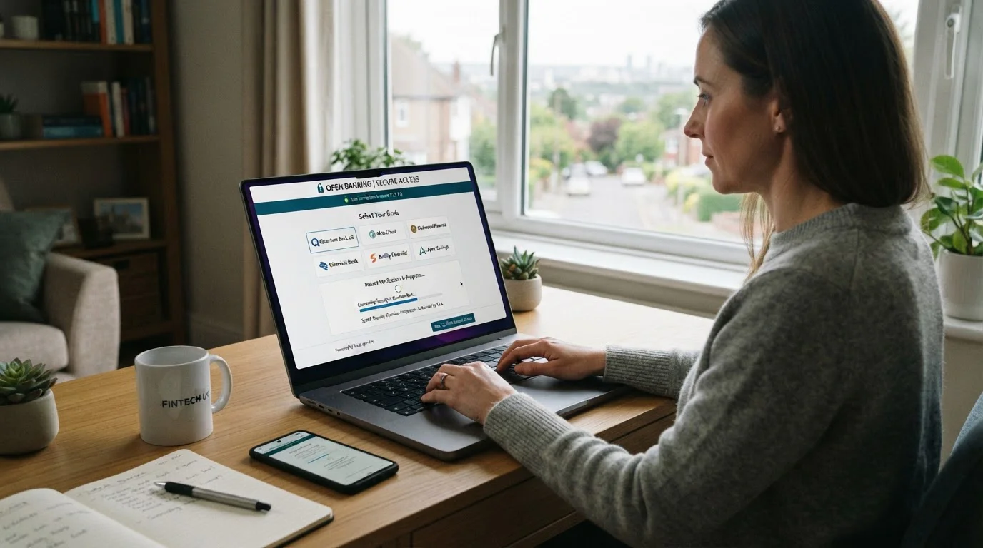 Laptop showing an open-banking bank login screen with instant verification indicators