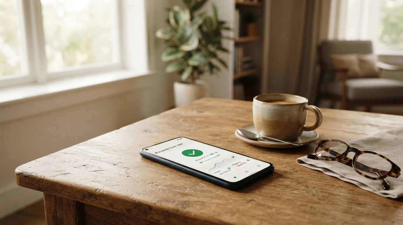 Smartphone showing open banking interface with abstract checkmark symbols