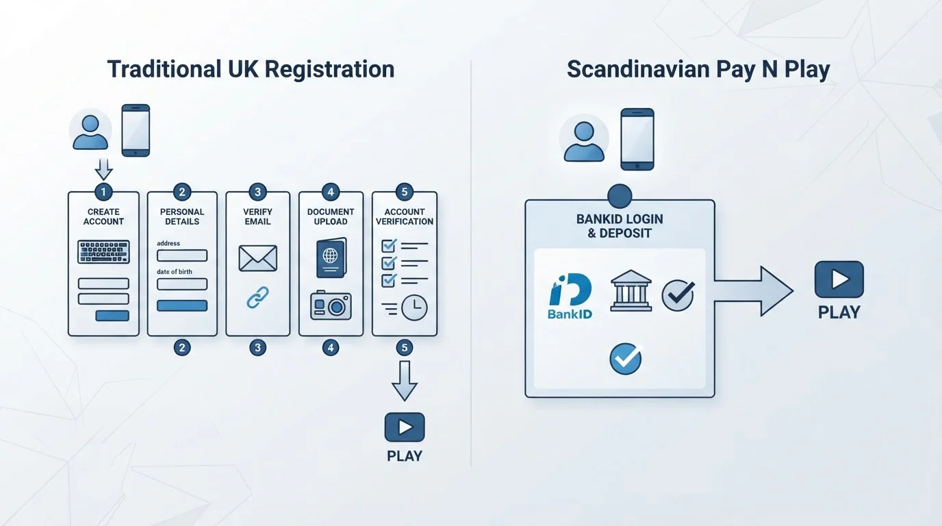 Side-by-side comparison showing traditional UK casino registration versus Scandinavian Pay N Play flow