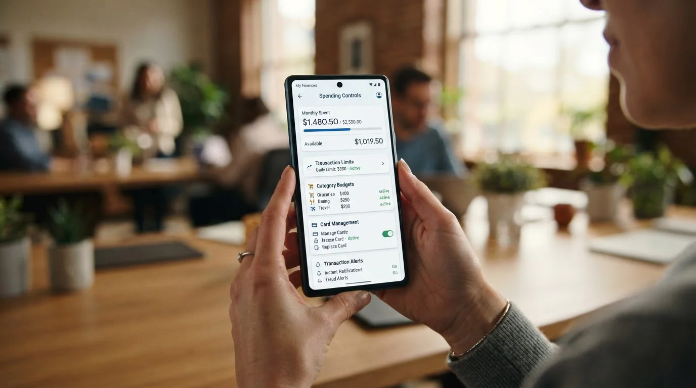 Person reviewing banking app gambling block settings on smartphone