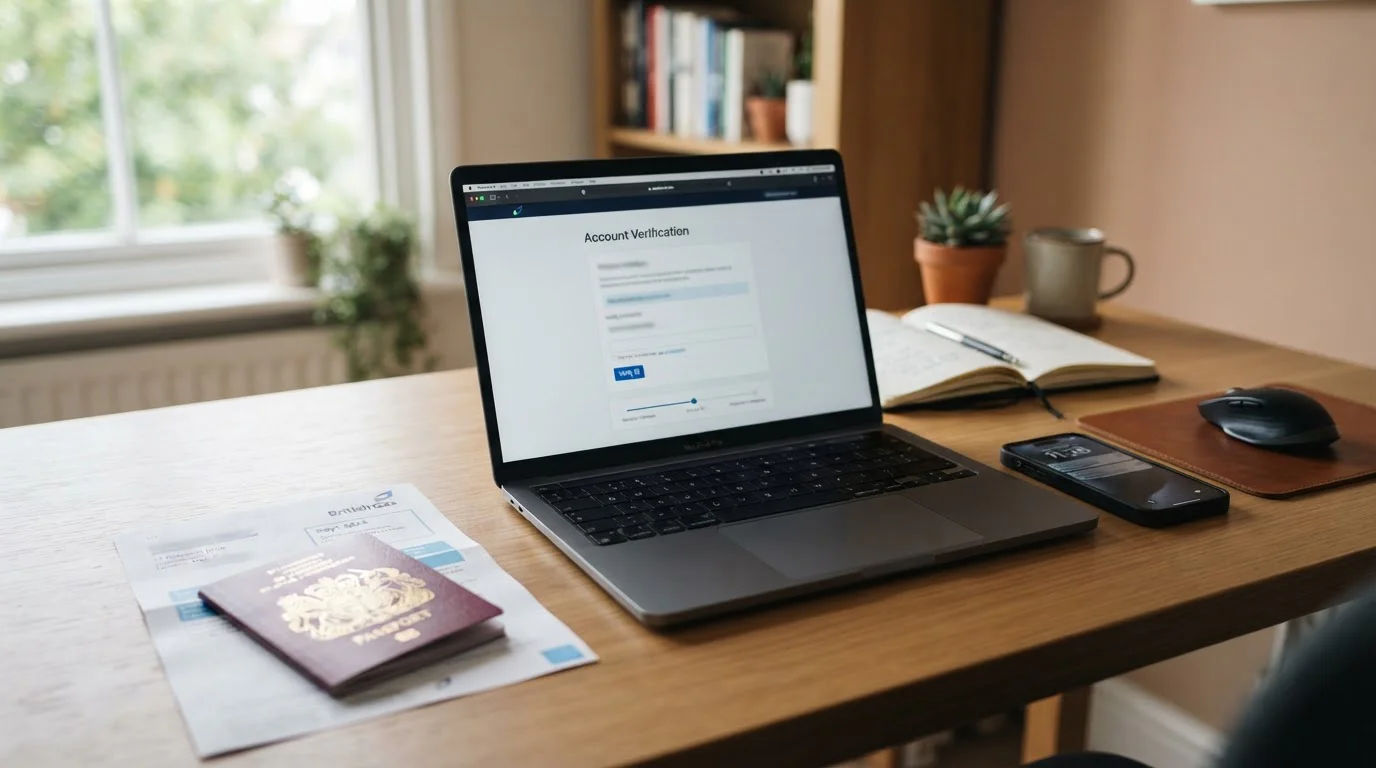 Tidy desk with UK passport, utility bill, and laptop showing casino account verification page