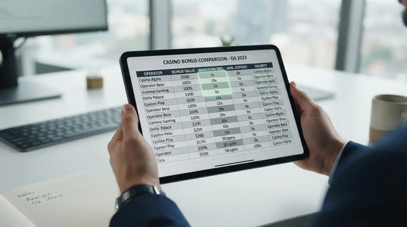 Comparison table showing UK casino first deposit bonuses with wagering requirements and values