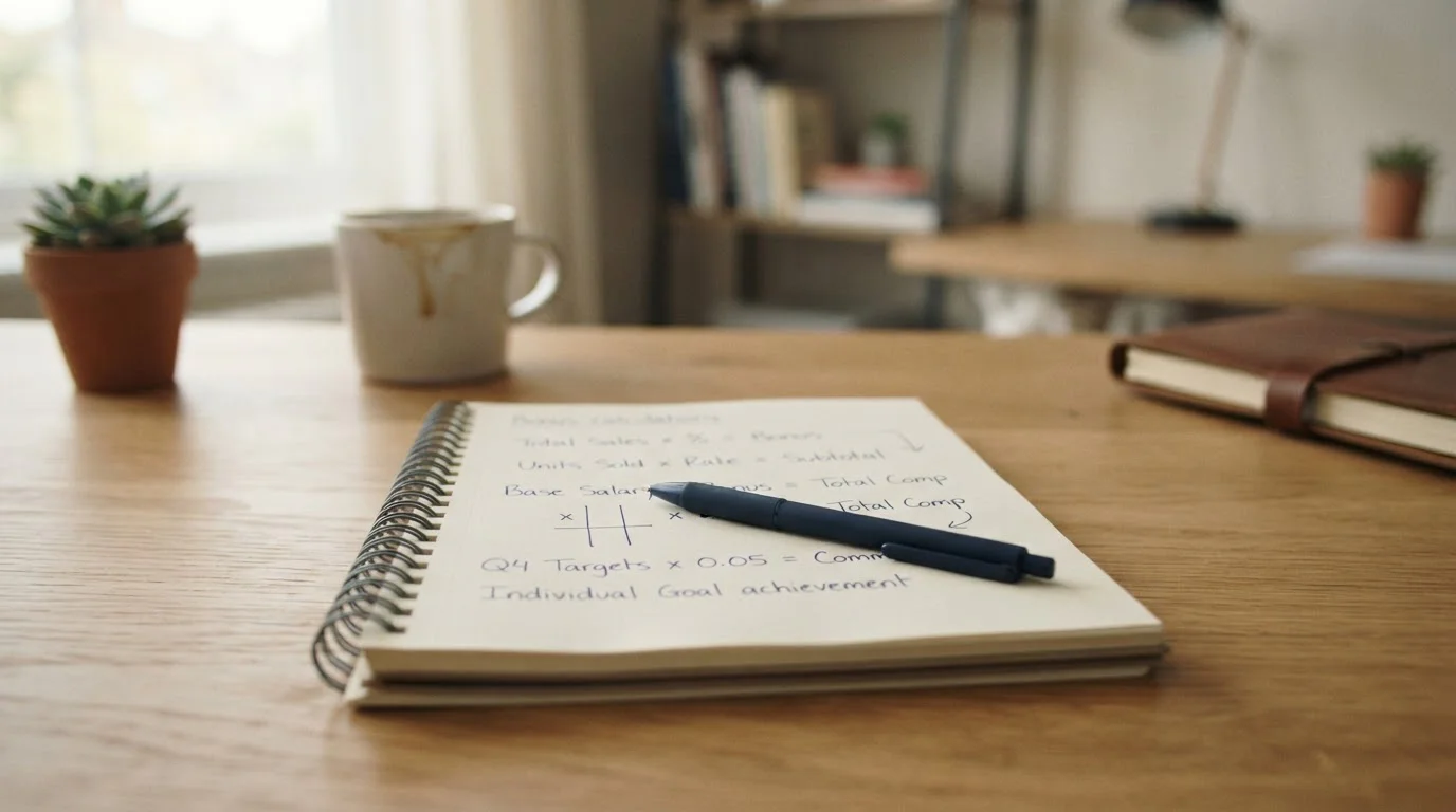 Clean office desk with notepad showing bonus calculation math and pen