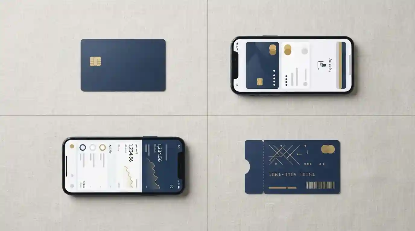 Flat-lay comparison of a debit card, e-wallet phone screen, bank app and voucher arranged in four quadrants on a desk