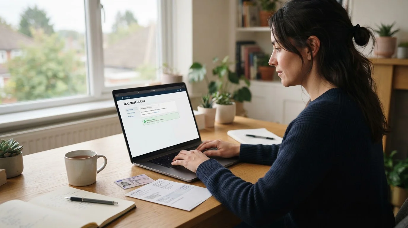 Person at desk reviewing withdrawal request with document upload notification on laptop screen