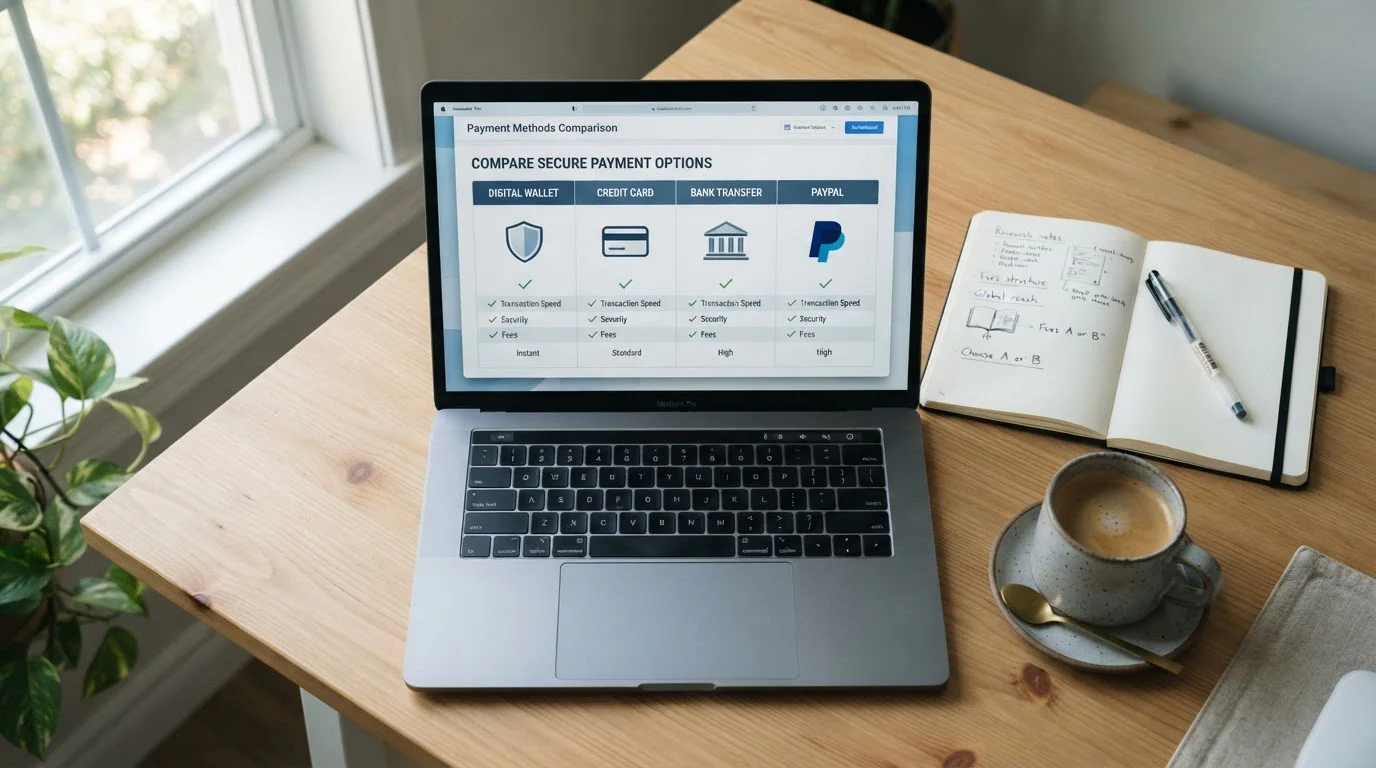 Modern e-wallet payment methods on laptop screen showing PayPal Skrill Neteller Trustly logos