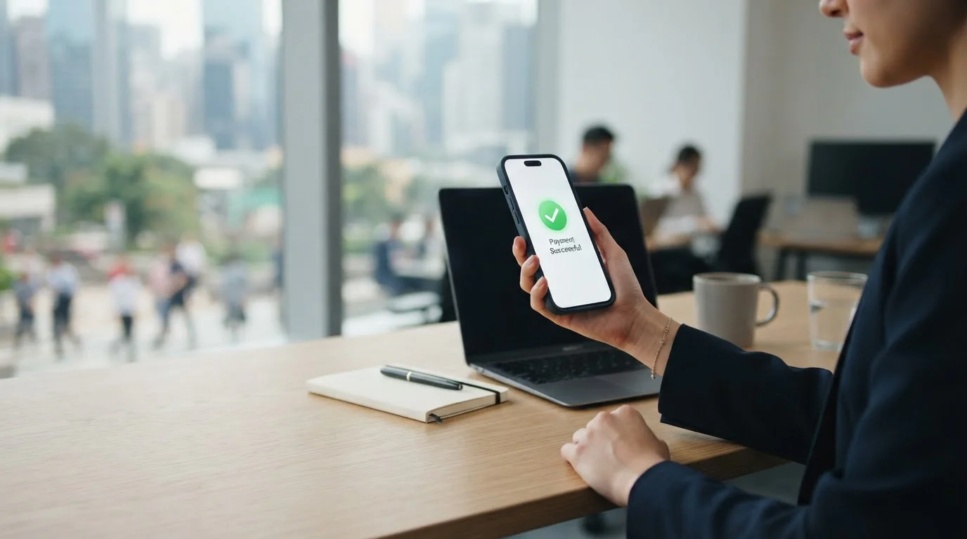 Modern office desk with smartphone showing secure casino payment confirmation