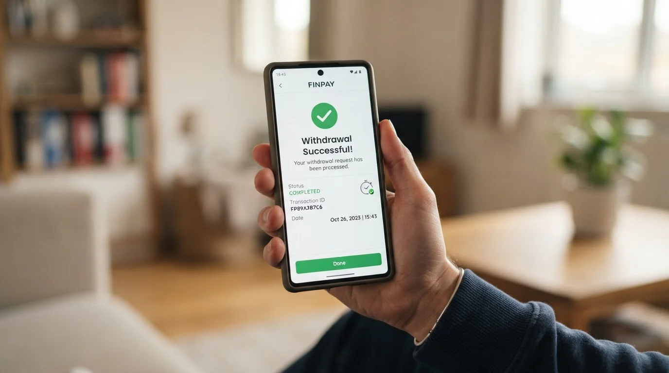 Close-up of smartphone showing e-wallet withdrawal confirmation with timer displaying under one hour