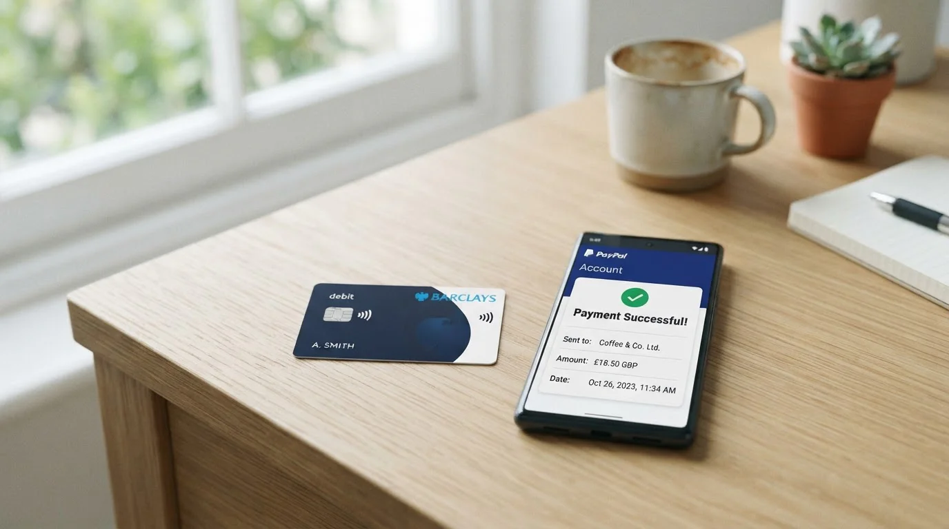 Clean UK bank card and smartphone showing PayPal app with fast payment notification