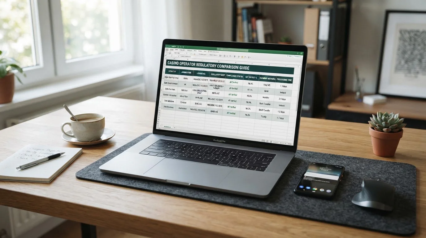 Modern laptop displaying casino operator comparison spreadsheet with UKGC license numbers