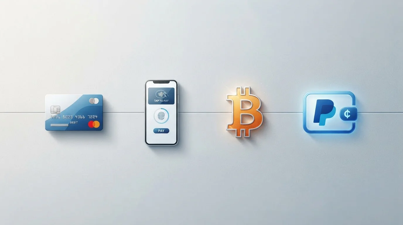 Comparison chart showing debit cards, e-wallets, and cryptocurrency payment icons