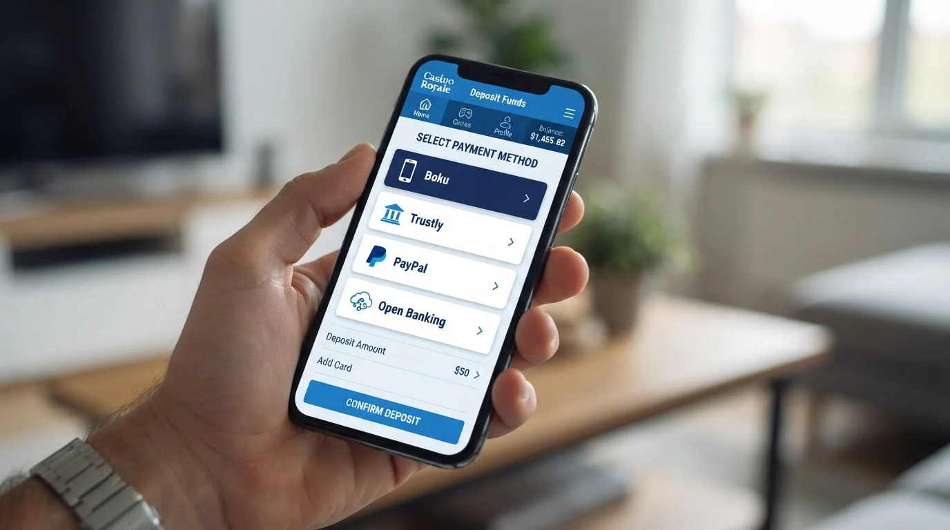 Smartphone displaying UK casino cashier with Boku, Trustly and PayPal payment options