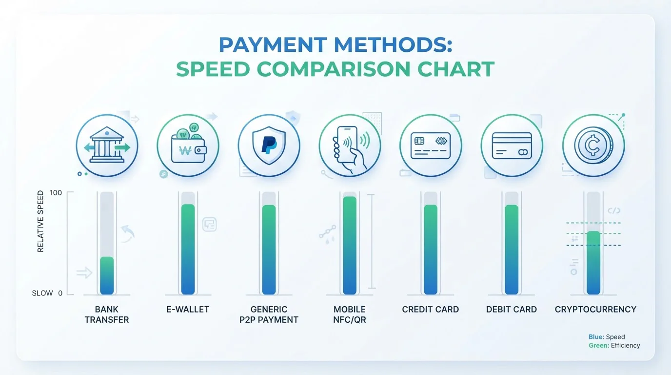 Comparison chart showing seven payment methods with deposit and withdrawal speeds