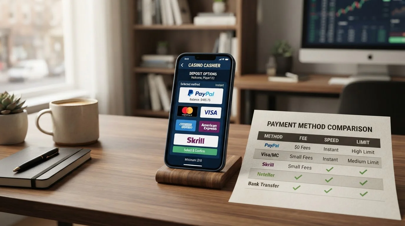 Smartphone showing multiple payment method options with deposit minimums per method