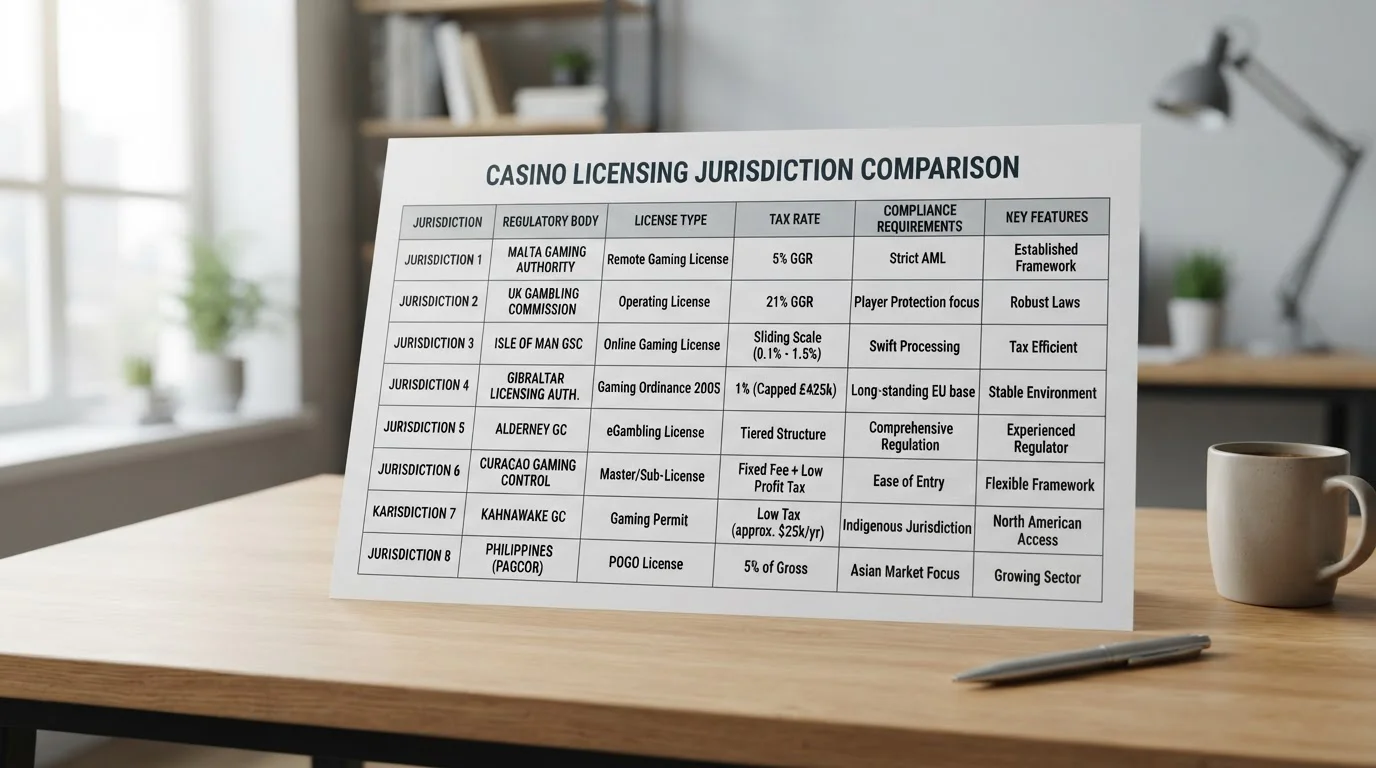 Comparison chart showing casino licenses and fee structures
