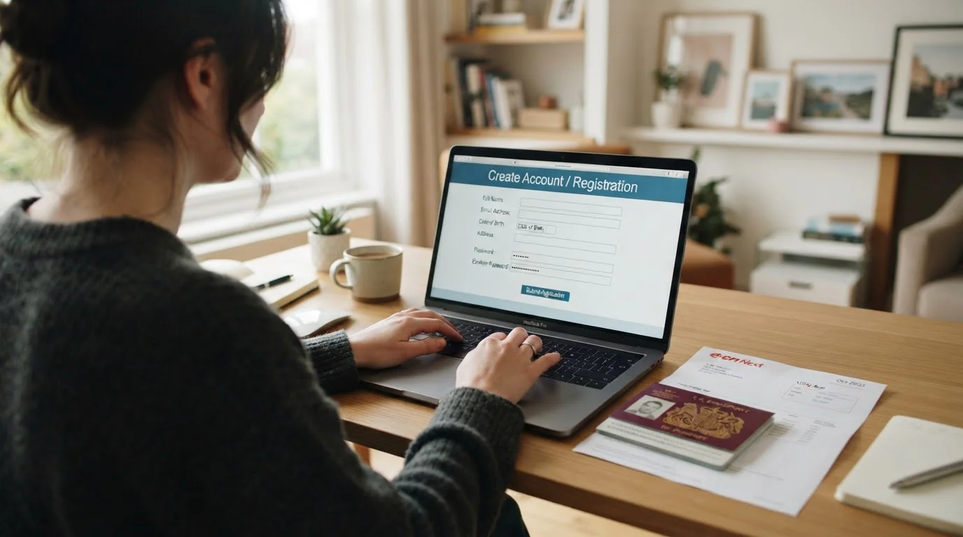 Person at laptop completing online casino registration form with ID verification documents