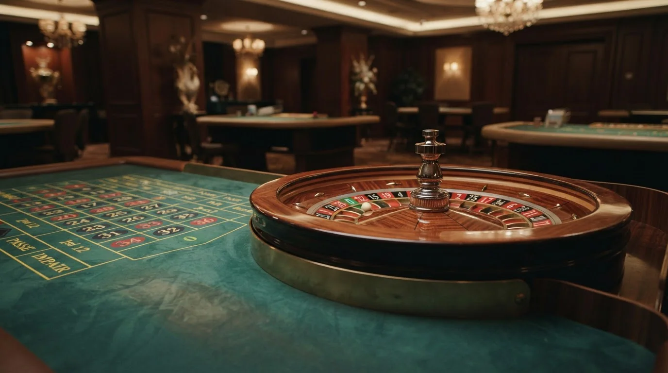 European roulette wheel close-up showing single zero with betting layout in background