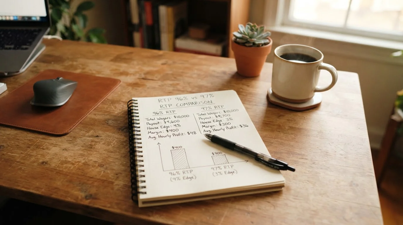 Clean desk workspace with pen calculating RTP percentages on notepad showing 96% vs 97% comparison