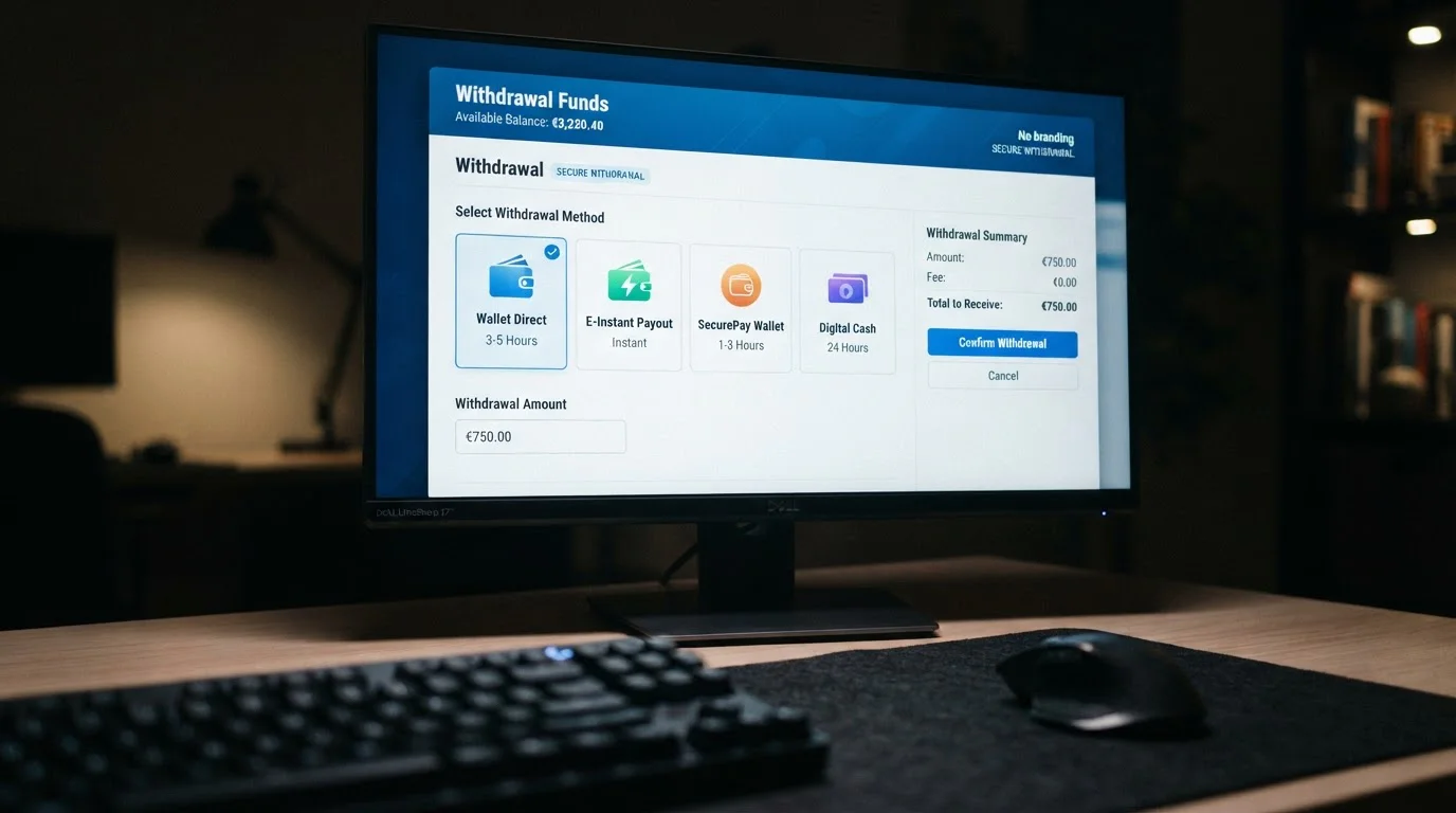 Desktop screen showing UK casino withdrawal dashboard with e-wallet options and processing times
