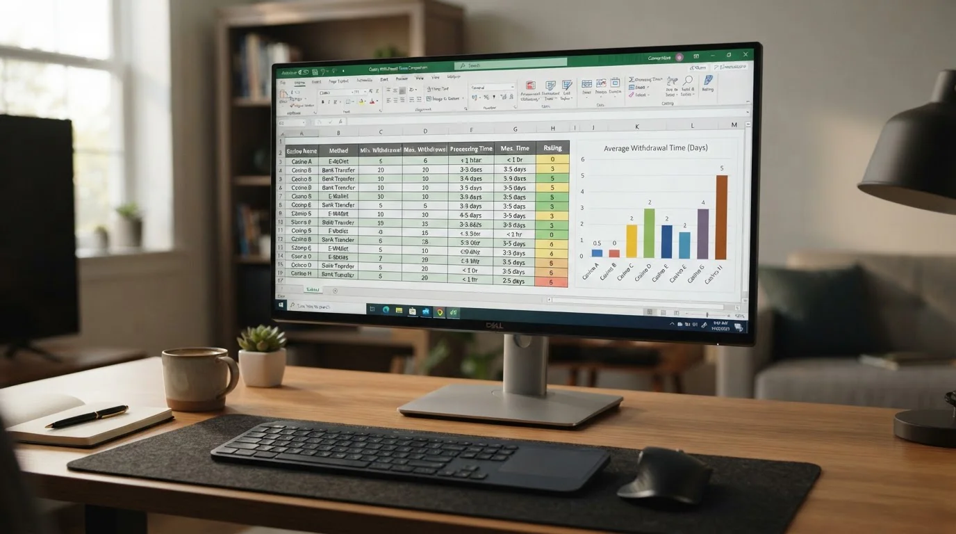 Desktop monitor showing a spreadsheet that compares casino withdrawal times with a bar chart of processing speeds