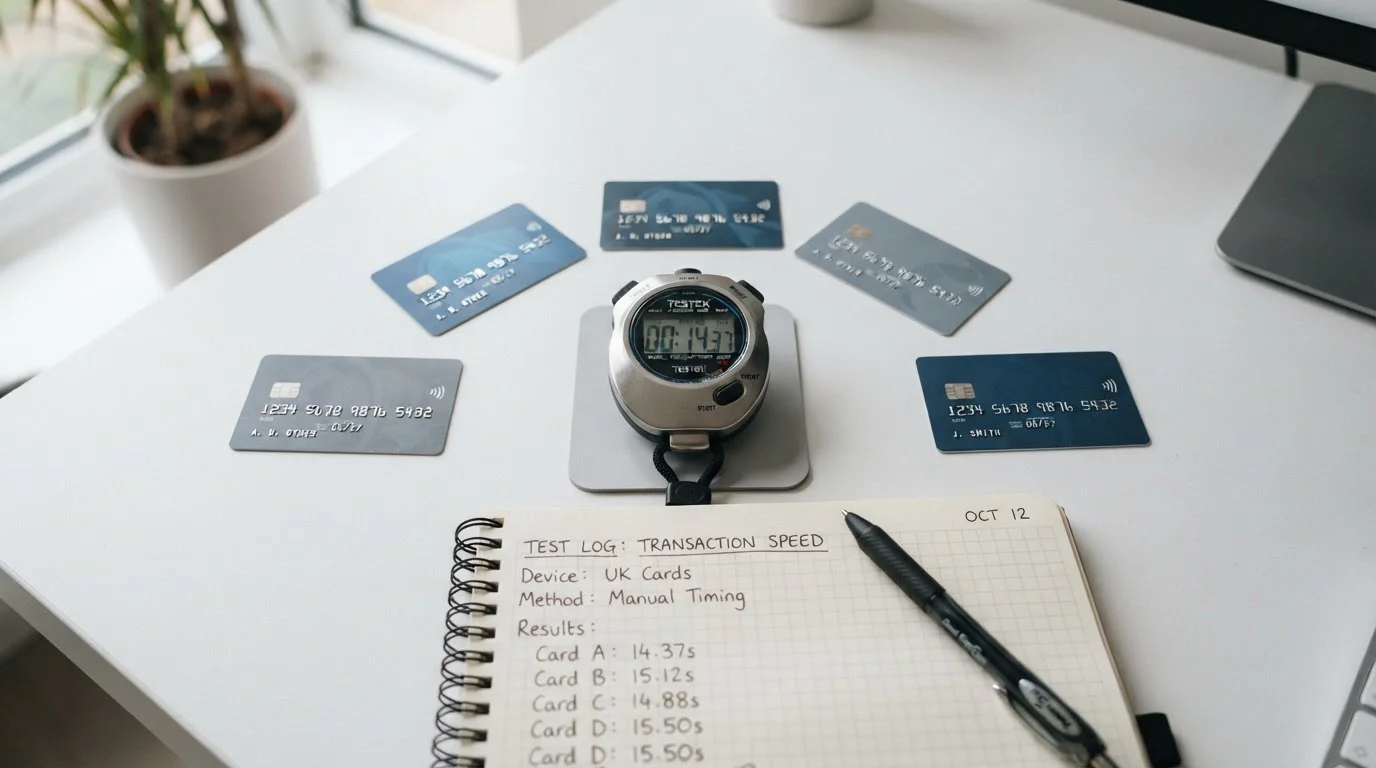 Stopwatch and UK bank cards on desk showing casino withdrawal testing setup