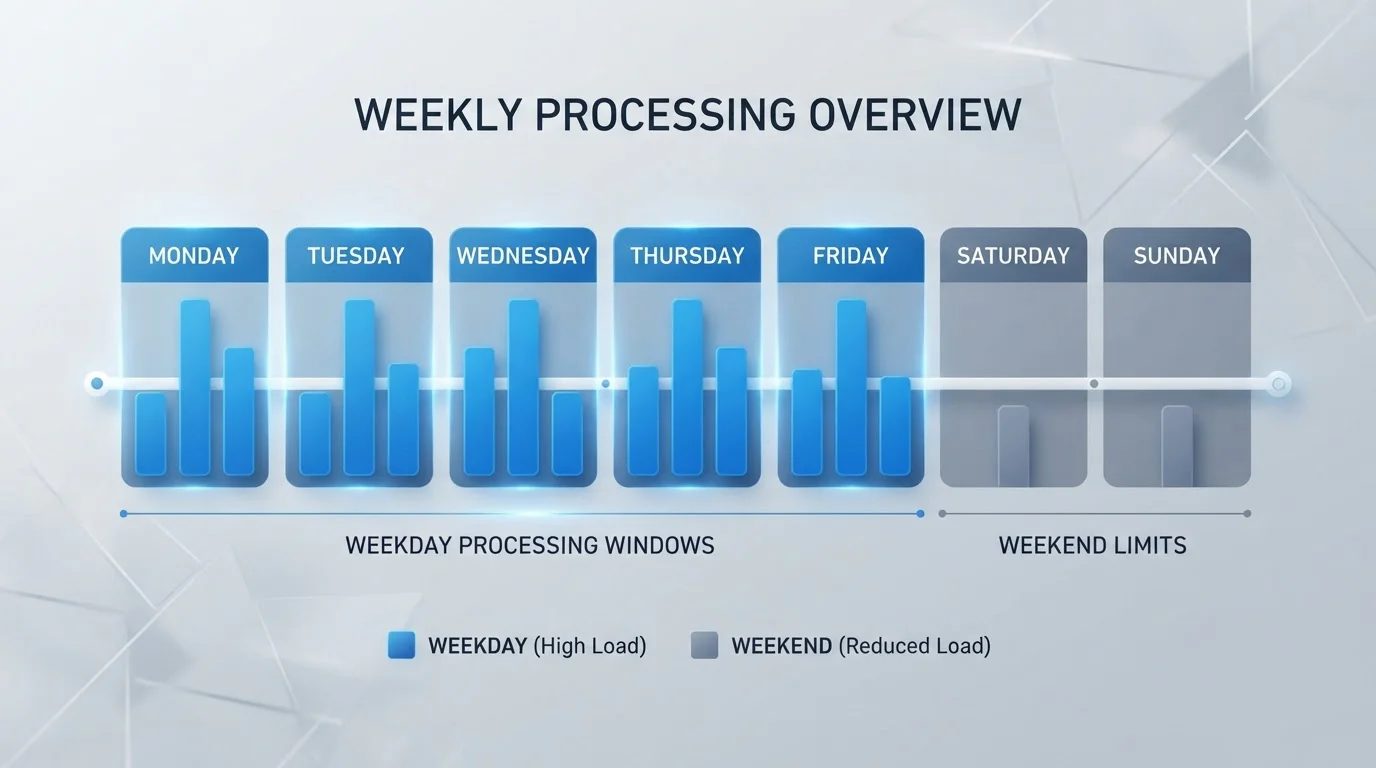 Calendar showing weekday versus weekend withdrawal processing timeline comparison
