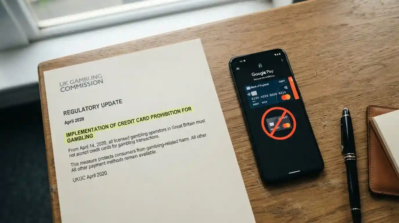 UK Gambling Commission document with credit card prohibition notice and mobile payment symbols