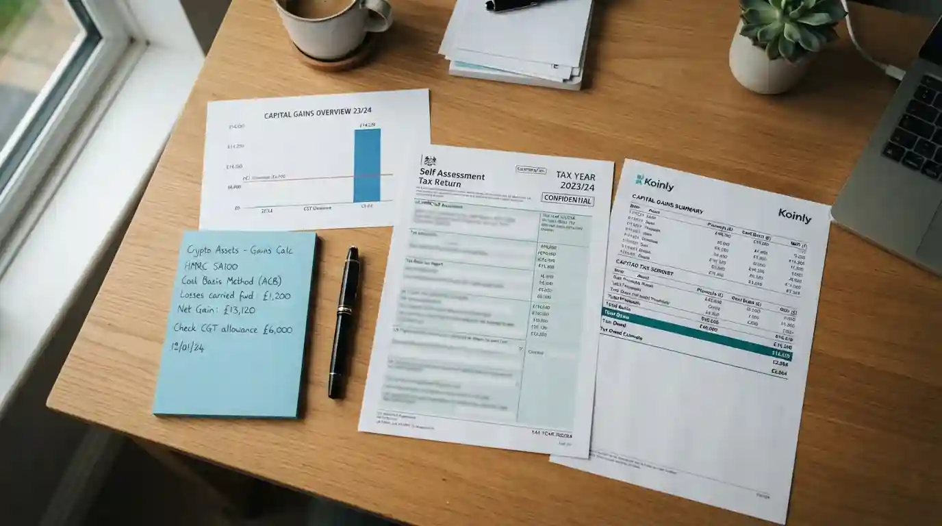 Clean desk with UK tax documents and cryptocurrency exchange statement showing capital gains calculation