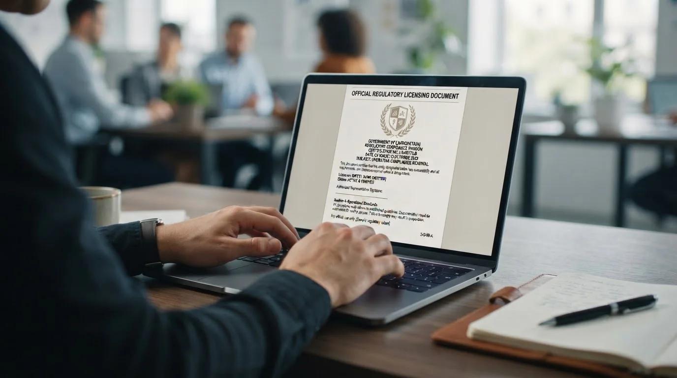 Person reviewing UKGC casino licence documentation on laptop screen