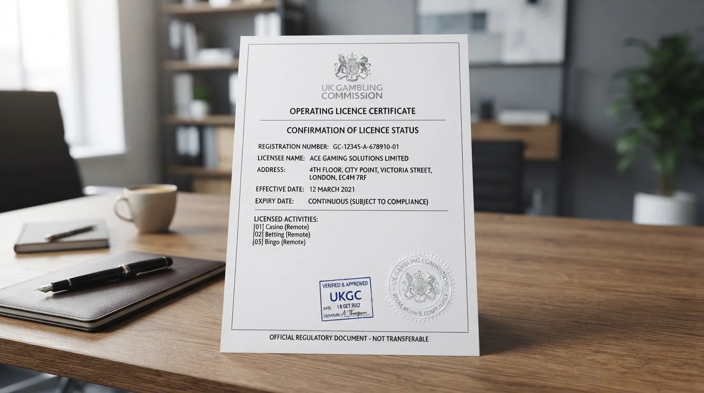 UK Gambling Commission official document with UKGC logo and license verification stamp