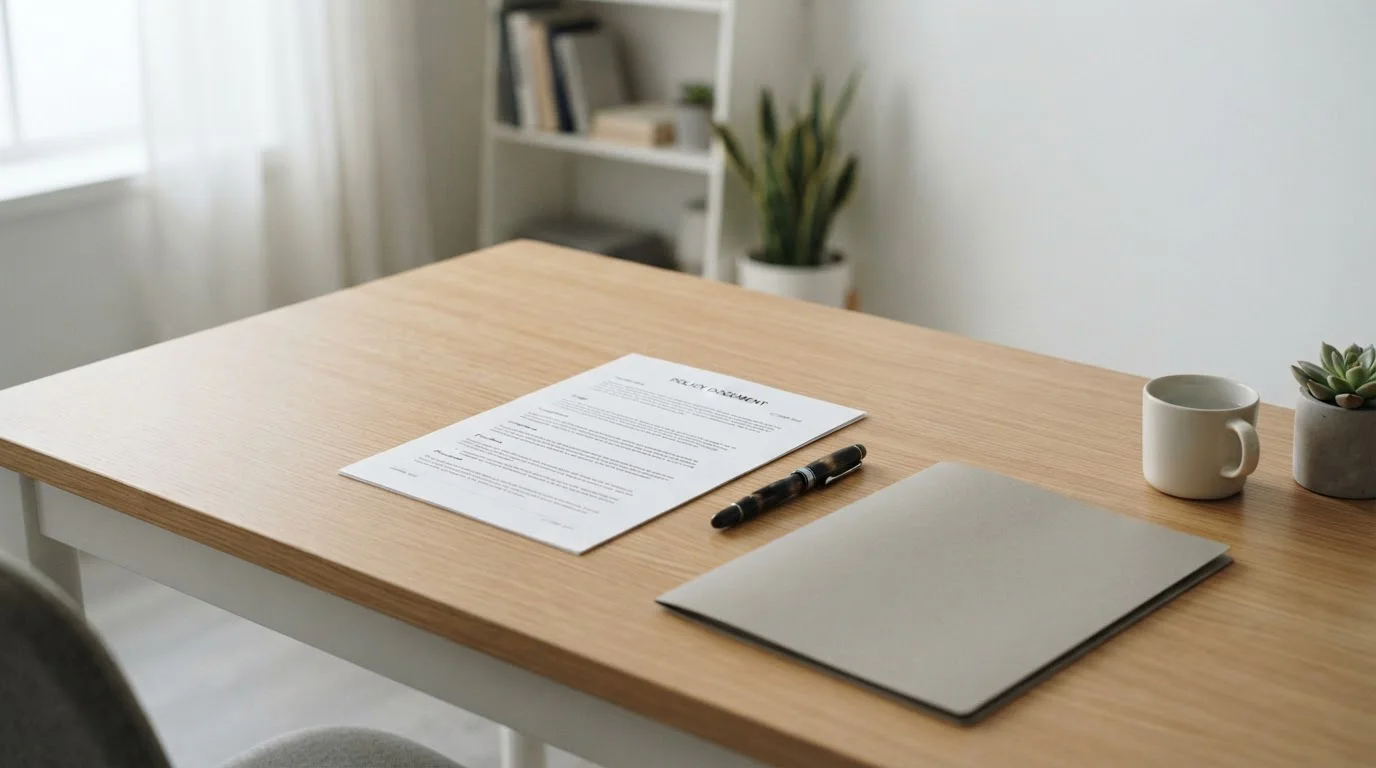 Tidy desk with plain policy document, fountain pen, and grey folder