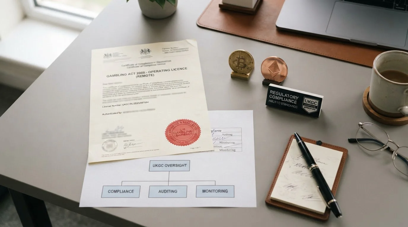 Official UK gambling license document with cryptocurrency symbols and regulatory compliance markers