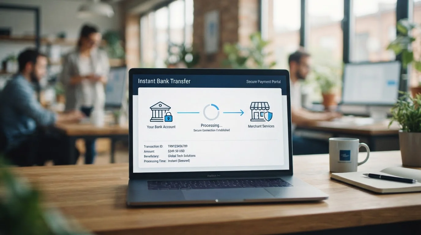 Clean laptop screen showing instant bank transfer payment interface