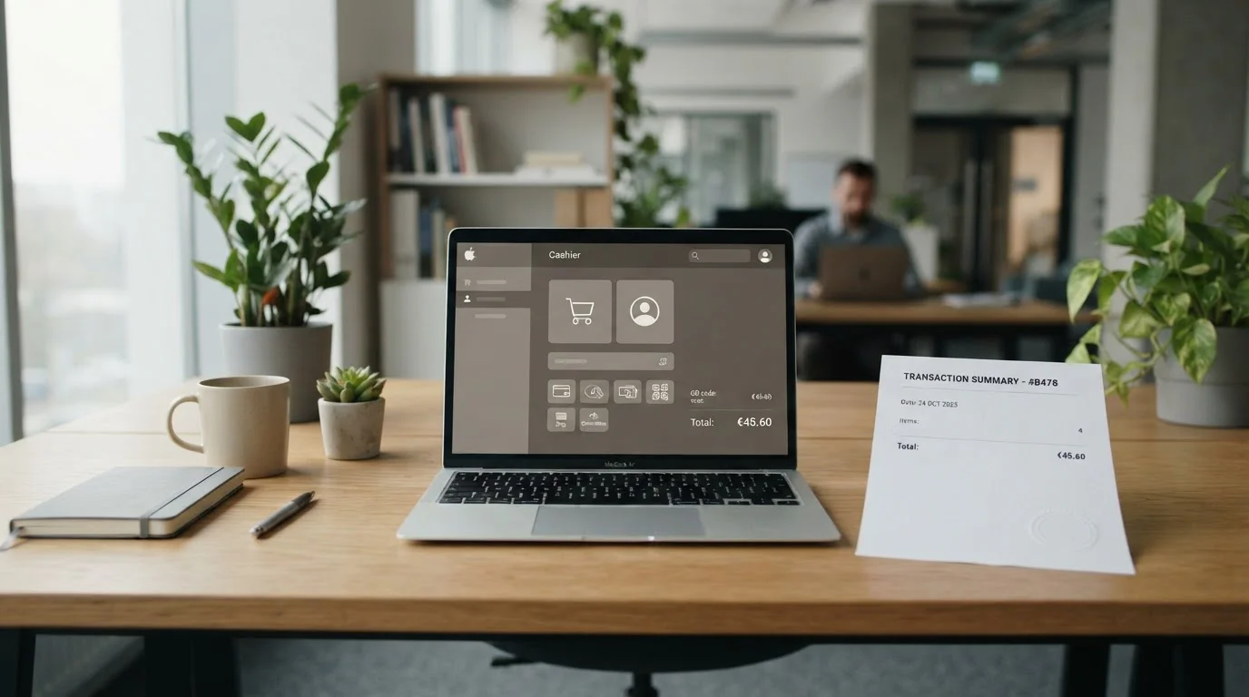Modern desk with laptop showing neutral cashier interface and official document