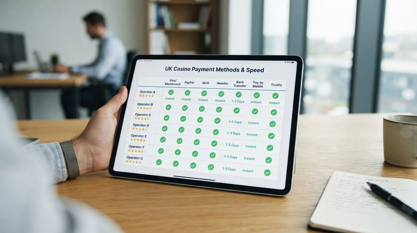 Comparison chart showing UK casino operators with payment methods