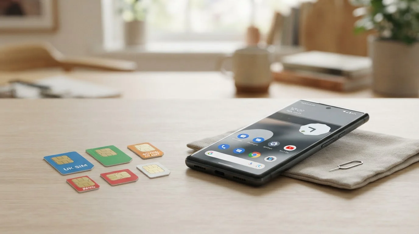 Multiple UK SIM cards arranged with smartphone showing network signal bars on clean surface