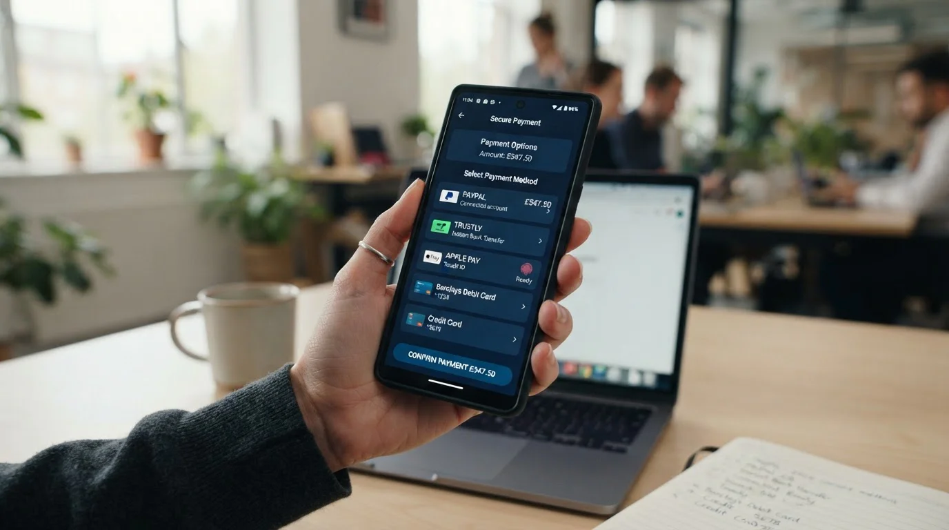Mobile phone displaying UK online banking app with PayPal, Trustly, and Apple Pay payment options