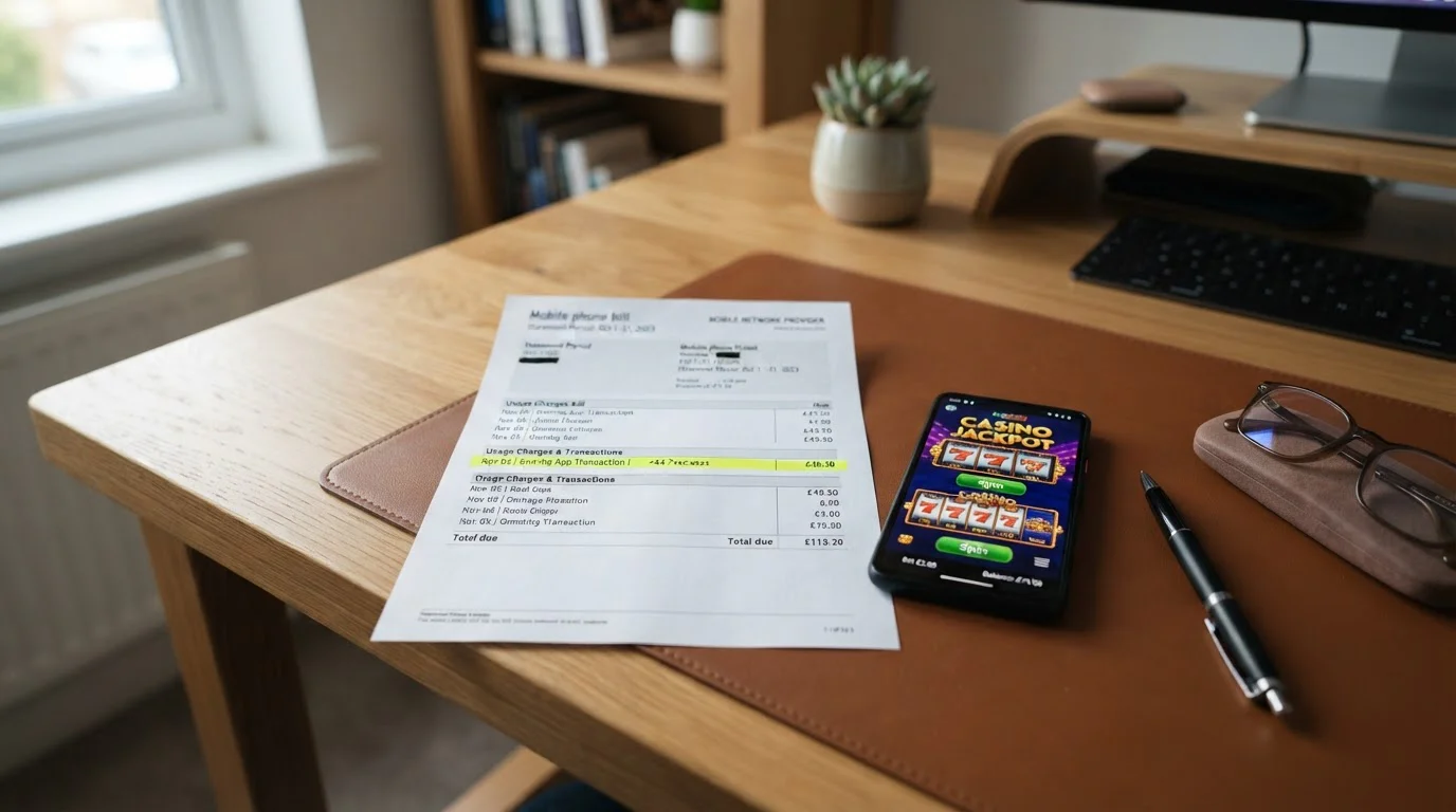 Person reviewing mobile phone bill statement with casino transaction highlighted