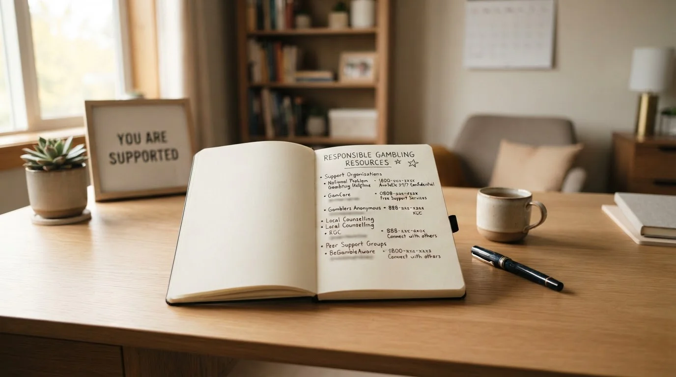 Calm desk with notebook showing responsible gambling resources and helpline contact