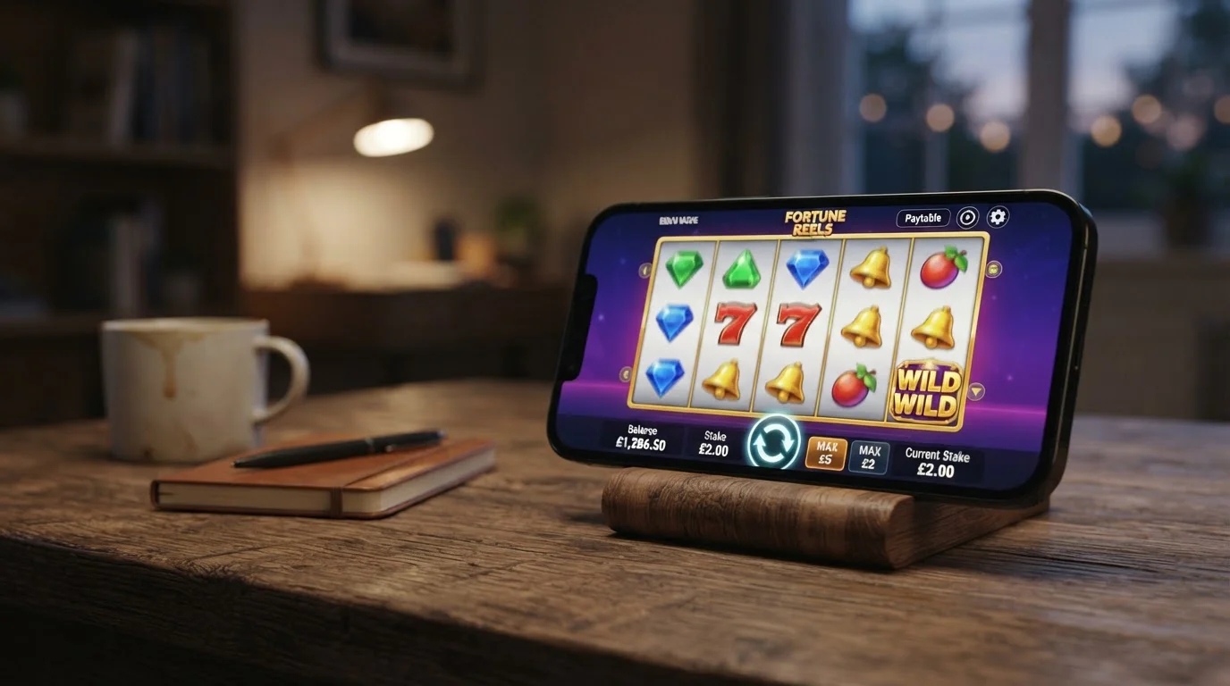 Smartphone displaying online slot game with £2 and £5 stake limit indicators for different age groups