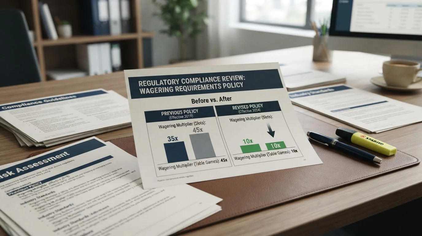 Document showing UK gambling bonus wagering requirements before and after December 2025 regulation