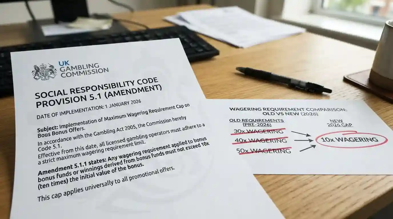 Document showing January 2026 UKGC wagering cap at 10x maximum with bonus terms comparison