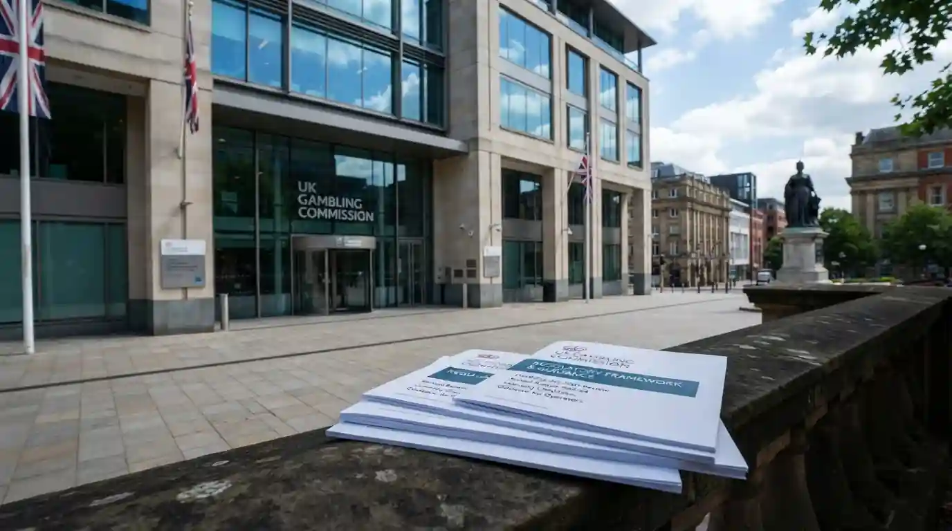 UK Gambling Commission building exterior with UKGC logo and regulatory framework documents